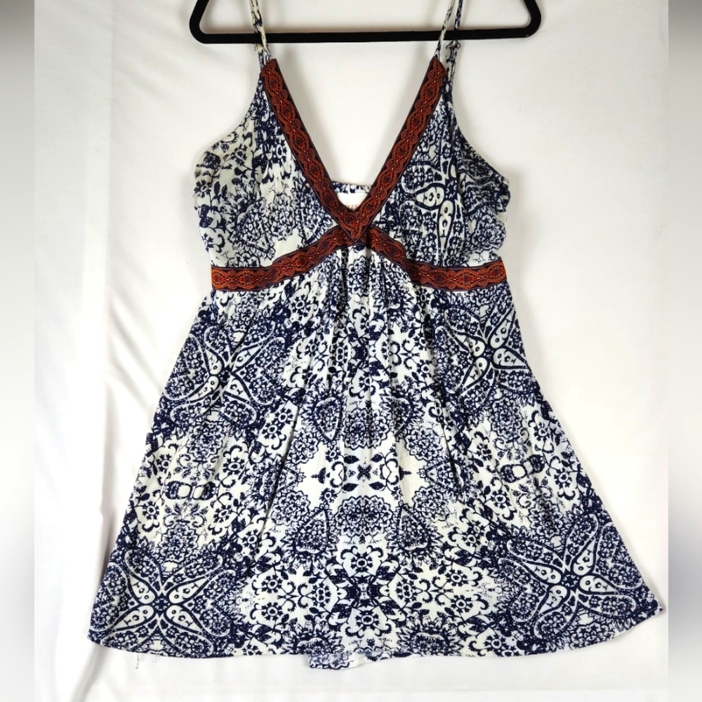 Shyanne Navy and White Mini Dress with Rust Crochet Trim